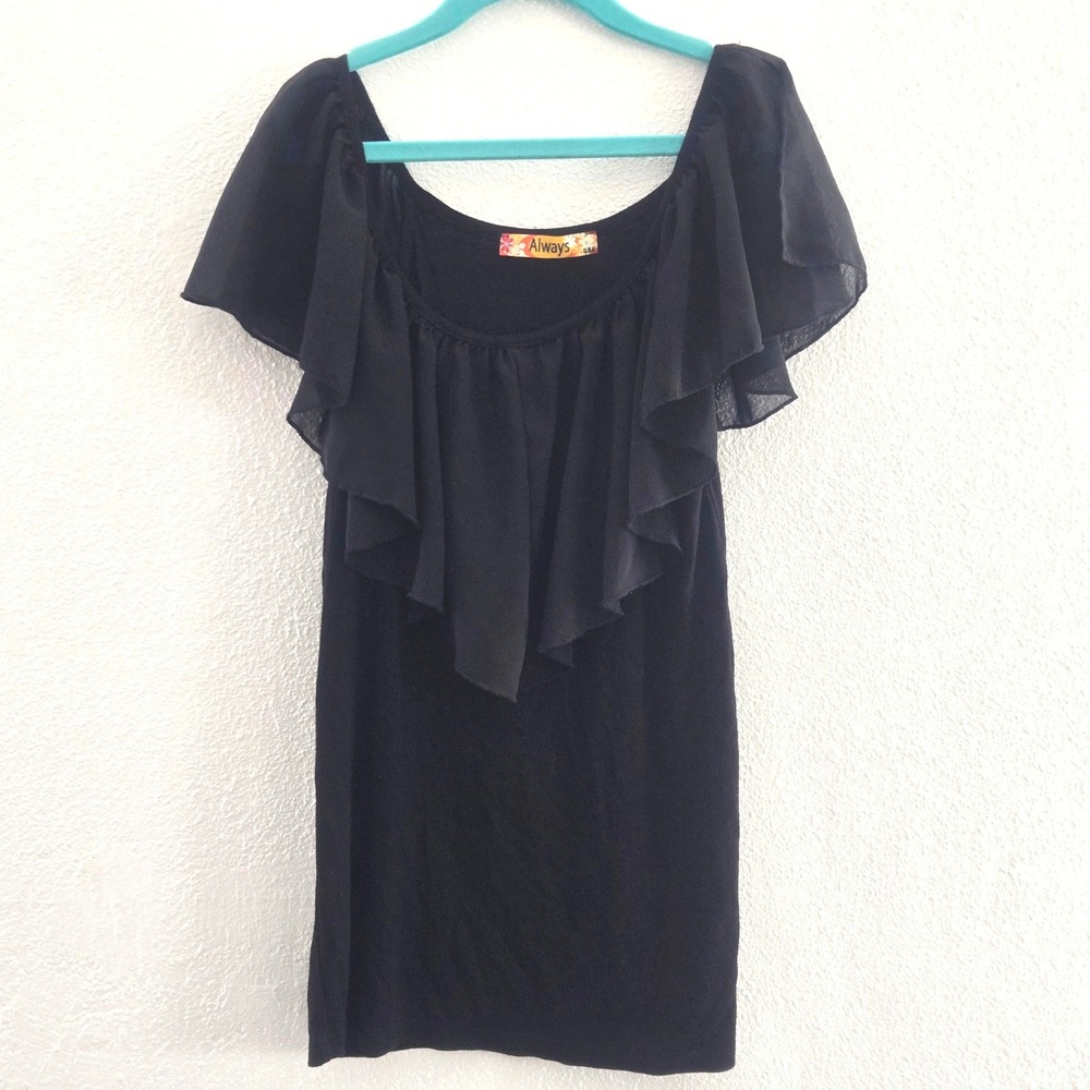 Black Ruffle Chiffon Flutter Sleeve Knit‎ Top Size Small
